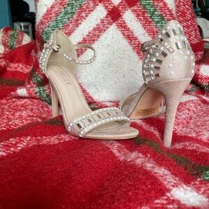 Fashion glam ego Melly Heels Size 8.5M rhinestoned suede beige heel 4 inch tall